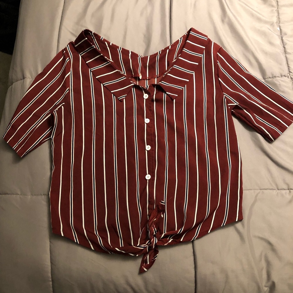 Red and white striped off the shoulder crop top